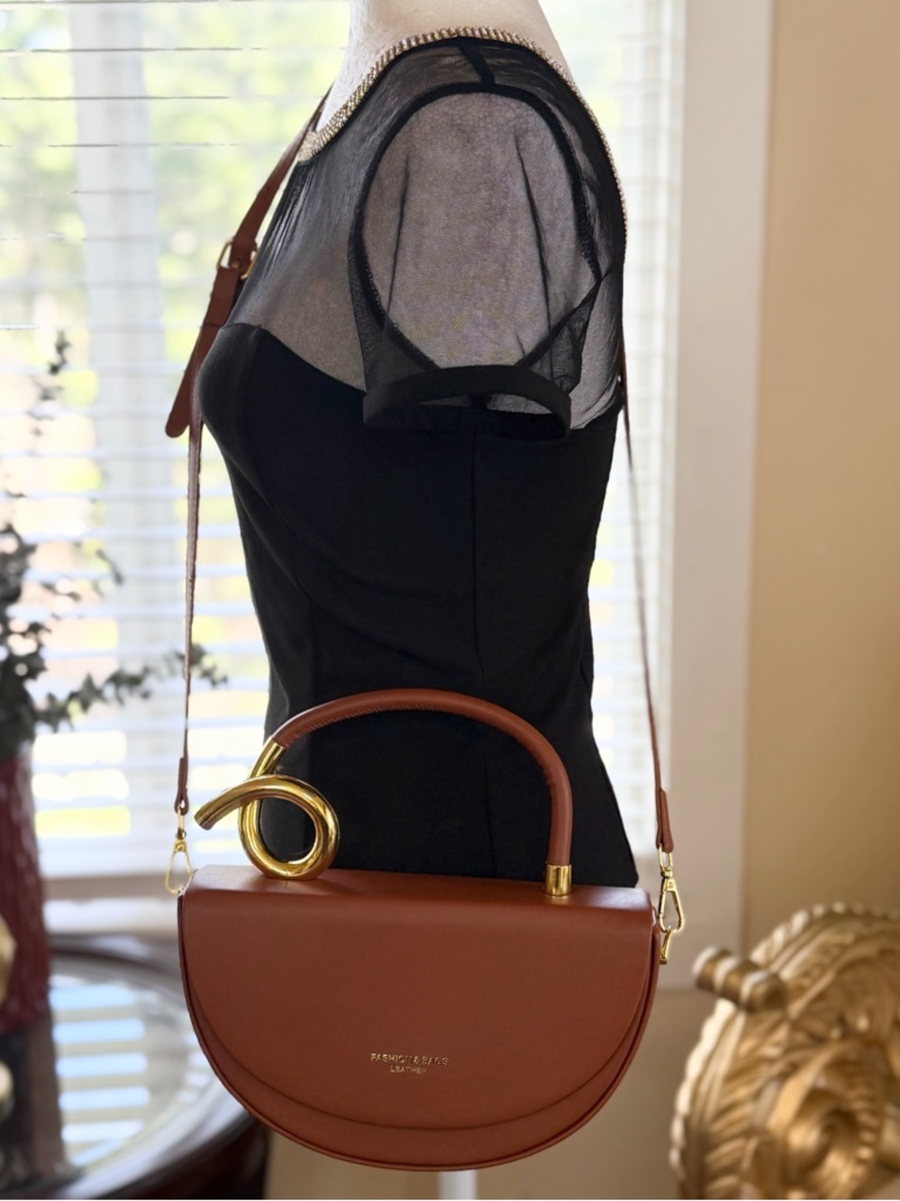 Leather Half Moon Satchel in Brown with Gold Accent